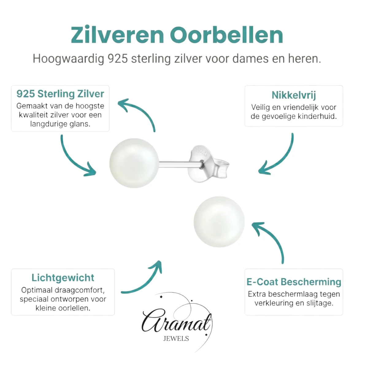 Parel oorbellen 925 zilver – 6mm wit - Aramat Jewels - Oorbellen - cadeautip