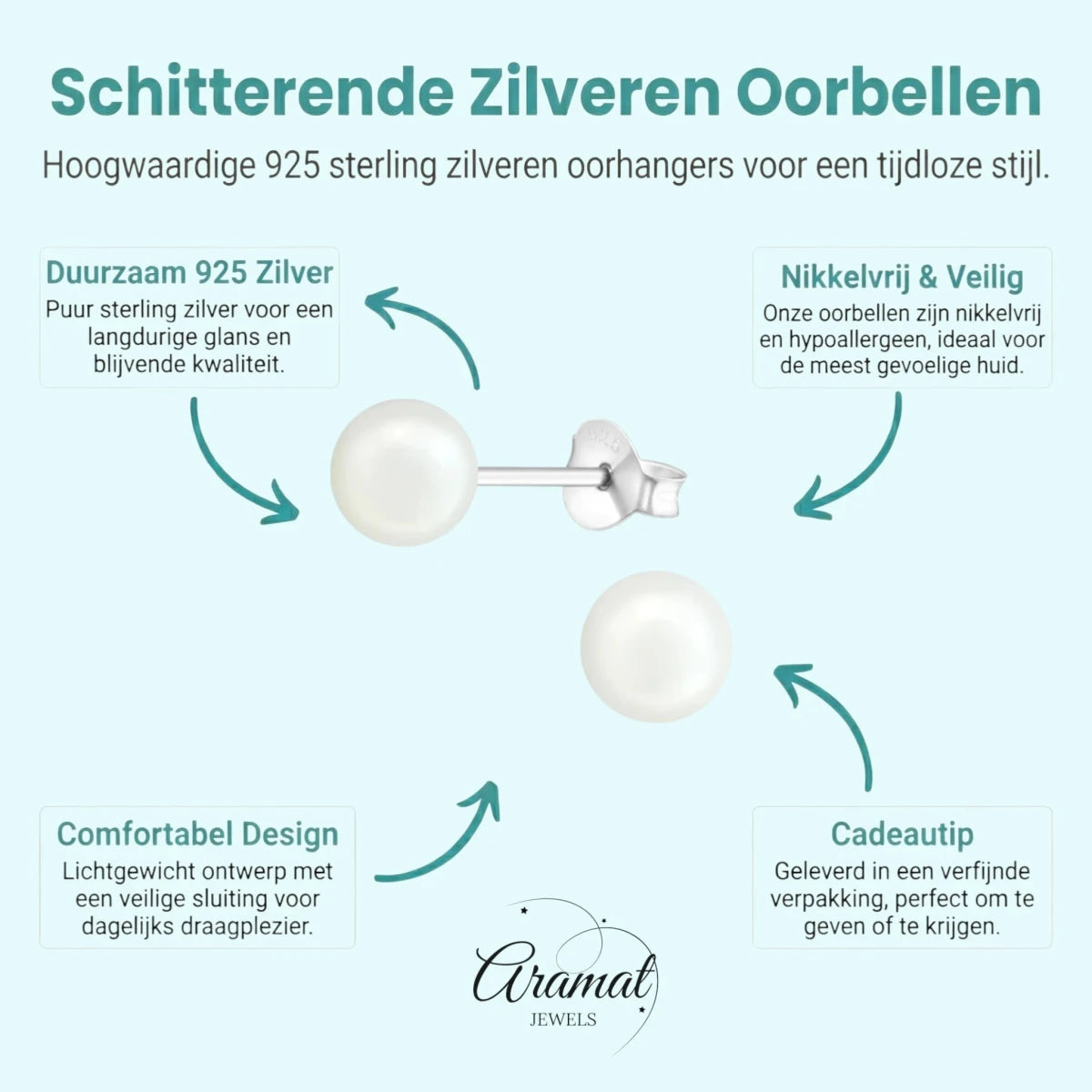 Parel oorbellen 925 zilver – 6mm wit - Aramat Jewels - Oorbellen - cadeautip