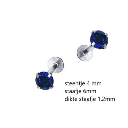 Sterling Zilveren Plaatje Blauwe Kristalsteen Knop Oorbellen Met Ronde Zirkonia - Oorpiercing 6x