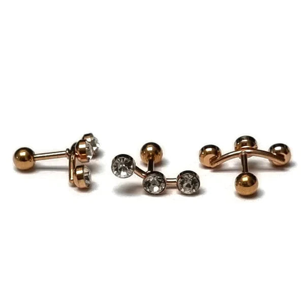 Rosékleurige Barbell Piercing - Oorpiercing Bar met 3 Steentjes-15x4mm | Lichaamssieraden