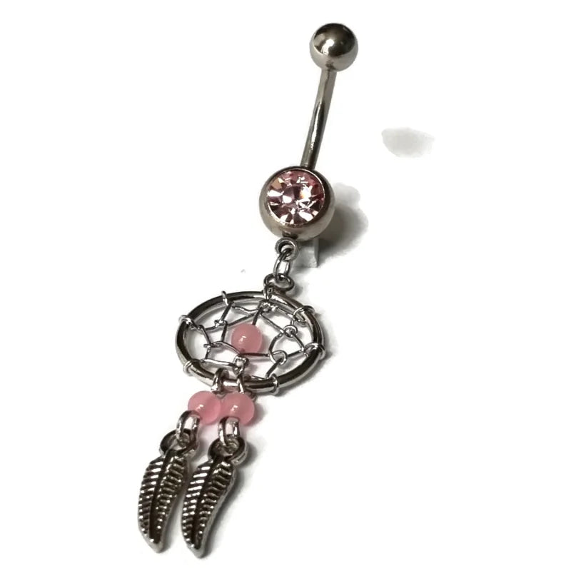 Roze En Zilveren Navelpiercing Met Dromenvanger Voor Lange Navelpiercing - Aramat Jewels®