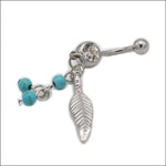 Stalen Navelpiercing Met Turquoise Kraal En Blad Bedel, Navelpiercing Veertje