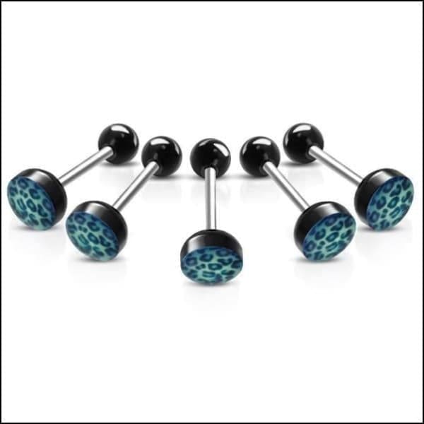 Zes Zwarte En Blauwe Luipaardprint Fake Tongpiercings - Stalen Tongpiercing In Dierenprint