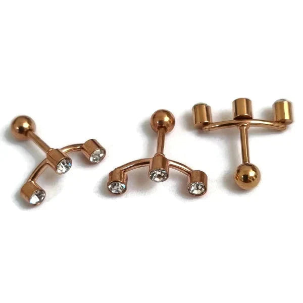 Stijlvolle Barbell Helix Piercing 6mm - Rosékleur met Motief 3 Steentjes-15x3mm | Lichaamssieraden