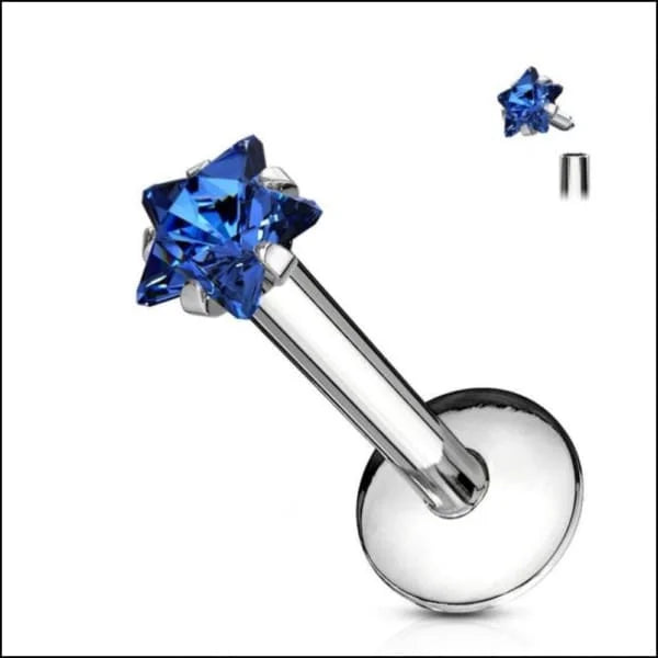 Labret Piercing met Zirkonia en Ster - 8x1.2mm Donker Blauw / 3mm | Lichaamssieraden