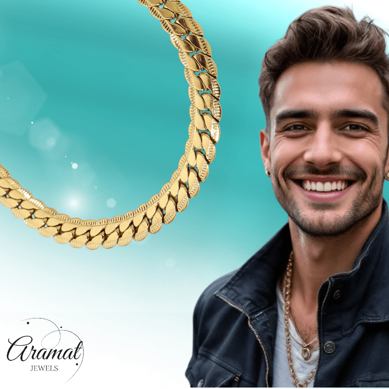 Platte Gourmet Ketting met bewerkte rand 6mm Goudkleurig Staal - Aramat Jewels - RVS Sieraden - Halskettingen - cadeautip