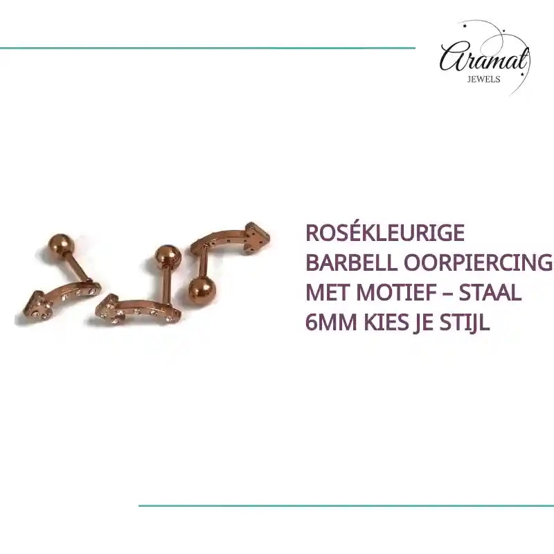 Ros&eacute;kleurige Barbell Oorpiercing met Motief &ndash; Staal 6mm Kies je Stijl by@Outfy