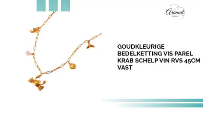 Goudkleurige Bedelketting Vis Parel Krab Schelp Vin RVS 45cm Vast by@Outfy