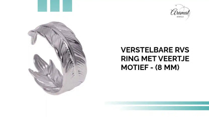 Verstelbare RVS Ring met Veertje Motief - (8 mm) by@Outfy