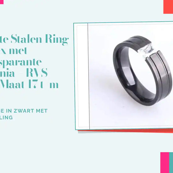 Zwarte Stalen Ring Unisex met Transparante Zirkonia &ndash; RVS Ring Maat 17 t/m 21 by@Outfy