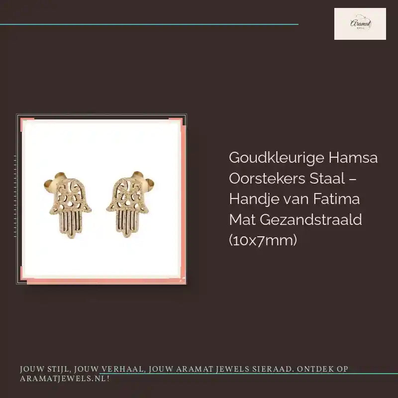 Goudkleurige Hamsa Oorstekers Staal &ndash; Handje van Fatima Mat Gezandstraald (10x7mm) by@Outfy
