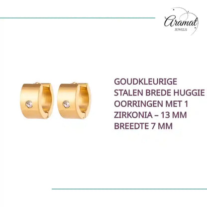 Goudkleurige Stalen Brede Huggie Oorringen met 1 Zirkonia &ndash; 13 mm Breedte 7 mm by@Outfy