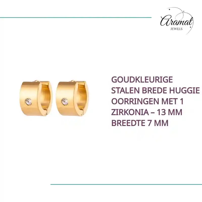 Goudkleurige Stalen Brede Huggie Oorringen met 1 Zirkonia &ndash; 13 mm Breedte 7 mm by@Outfy