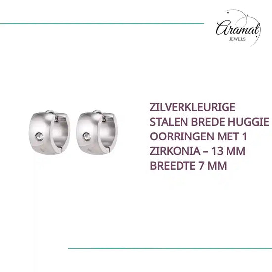 Zilverkleurige Stalen Brede Huggie Oorringen met 1 Zirkonia &ndash; 13 mm Breedte 7 mm by@Outfy