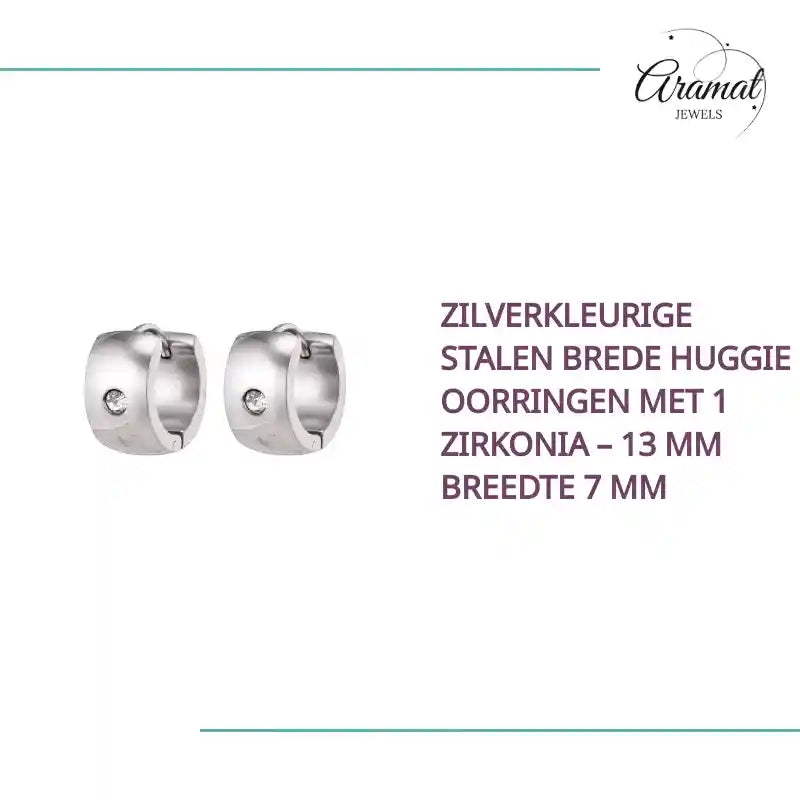 Zilverkleurige Stalen Brede Huggie Oorringen met 1 Zirkonia &ndash; 13 mm Breedte 7 mm by@Outfy