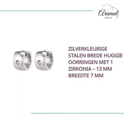 Zilverkleurige Stalen Brede Huggie Oorringen met 1 Zirkonia &ndash; 13 mm Breedte 7 mm by@Outfy