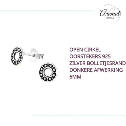 Open Cirkel Oorstekers 925 Zilver Bolletjesrand Donkere Afwerking 6mm by@Outfy
