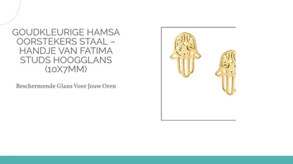 Goudkleurige Hamsa Oorstekers Staal &ndash; Handje van Fatima Studs Hoogglans (10x7mm) by@Outfy
