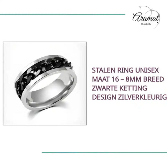 Stalen Ring Unisex Maat 16 &ndash; 8mm Breed Zwarte Ketting Design Zilverkleurig by@Outfy