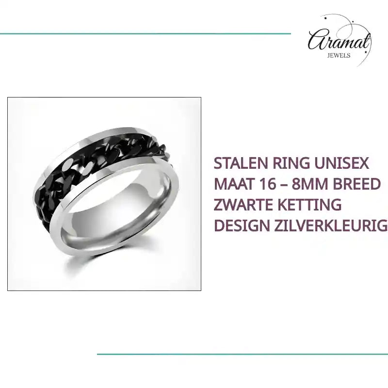 Stalen Ring Unisex Maat 16 &ndash; 8mm Breed Zwarte Ketting Design Zilverkleurig by@Outfy