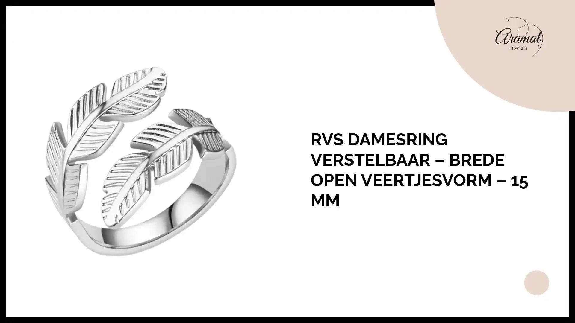 RVS Damesring Verstelbaar &ndash; Brede Open Veertjesvorm &ndash; 15 mm by@Outfy