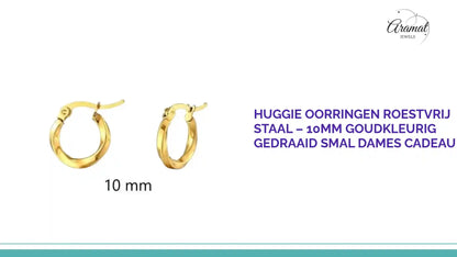 Huggie Oorringen Roestvrij Staal &ndash; 10mm Goudkleurig Gedraaid Smal Dames Cadeau by@Outfy