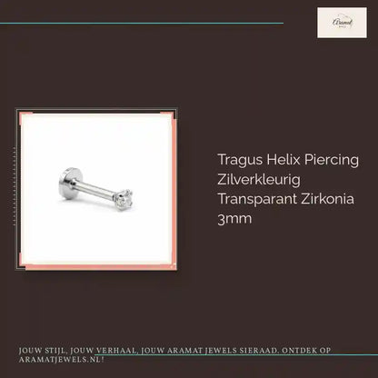 Tragus Helix Piercing Zilverkleurig Transparant Zirkonia 3mm by@Outfy