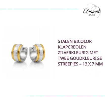 Stalen Bicolor Klapcreolen Zilverkleurig met Twee Goudkleurige Streepjes &ndash; 13 x 7 mm by@Outfy