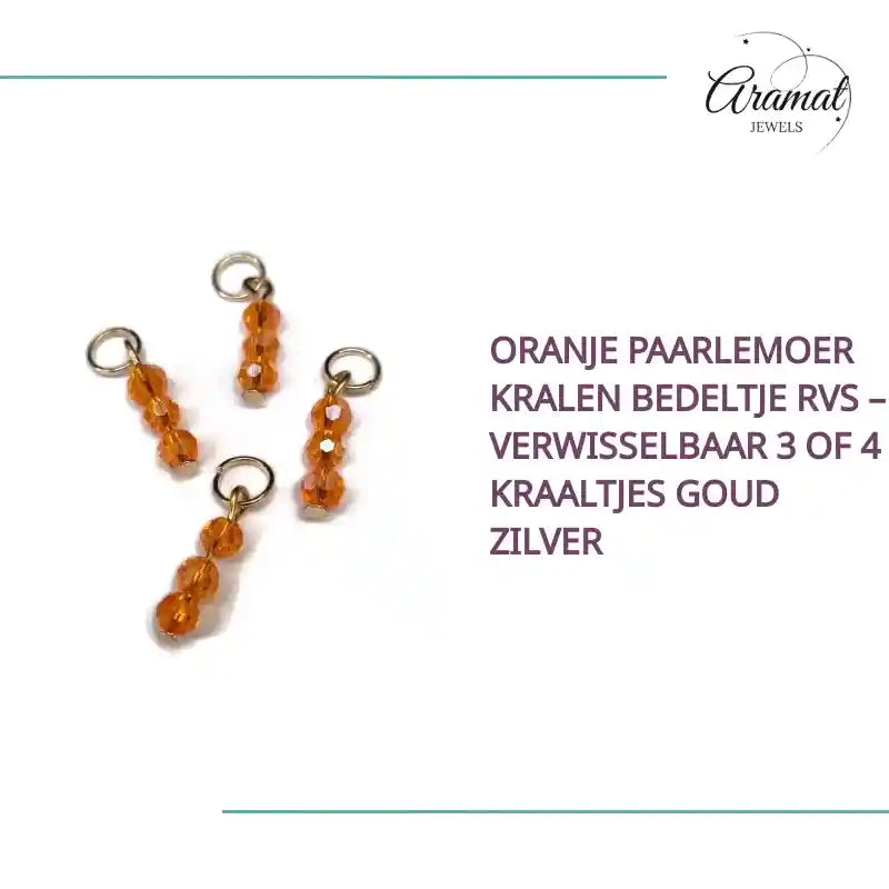 Oranje Paarlemoer Kralen Bedeltje RVS &ndash; Verwisselbaar 3 of 4 Kraaltjes Goud Zilver by@Outfy