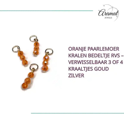 Oranje Paarlemoer Kralen Bedeltje RVS &ndash; Verwisselbaar 3 of 4 Kraaltjes Goud Zilver by@Outfy