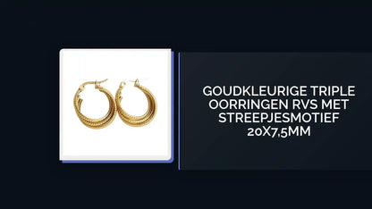 Goudkleurige Triple Oorringen RVS met Streepjesmotief 20x7,5mm by@Outfy
