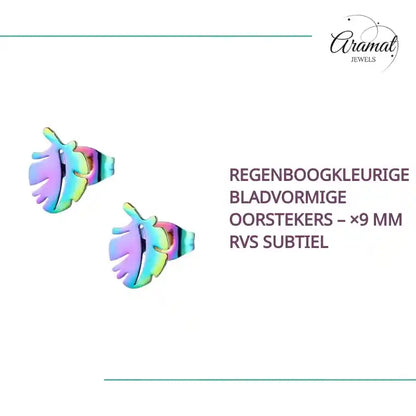 Regenboogkleurige bladvormige oorstekers &ndash; &times;9 mm RVS subtiel by@Outfy