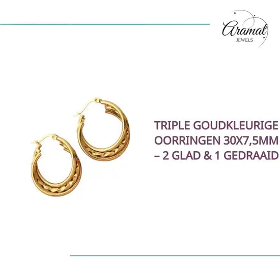Triple Goudkleurige Oorringen 30x7,5mm &ndash; 2 Glad &amp; 1 Gedraaid by@Outfy