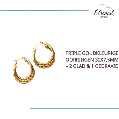 Triple Goudkleurige Oorringen 30x7,5mm &ndash; 2 Glad &amp; 1 Gedraaid by@Outfy