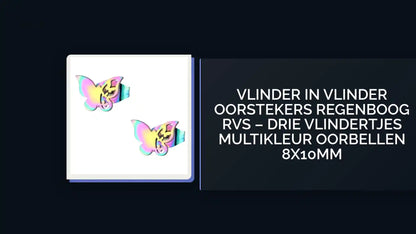 Vlinder in Vlinder Oorstekers Regenboog RVS &ndash; Drie Vlindertjes Multikleur Oorbellen 8x10mm by@Outfy
