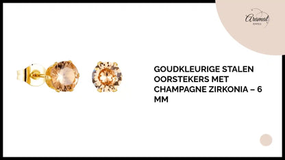 Goudkleurige Stalen Oorstekers met Champagne Zirkonia &ndash; 6 mm by@Outfy