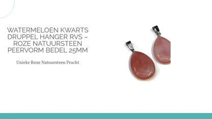 Watermeloen Kwarts Druppel Hanger RVS &ndash; Roze Natuursteen Peervorm Bedel 25mm by@Outfy