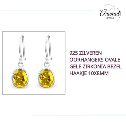 925 Zilveren Oorhangers Ovale Gele Zirkonia Bezel Haakje 10x8mm by@Outfy
