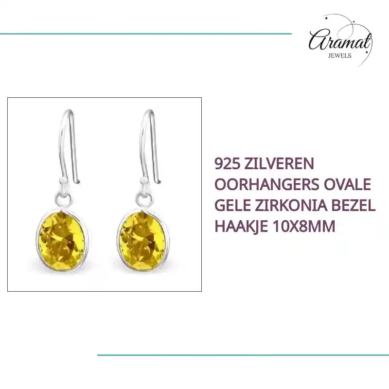 925 Zilveren Oorhangers Ovale Gele Zirkonia Bezel Haakje 10x8mm by@Outfy