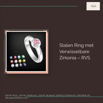 Stalen Ring met Verwisselbare Zirkonia &ndash; RVS by@Outfy