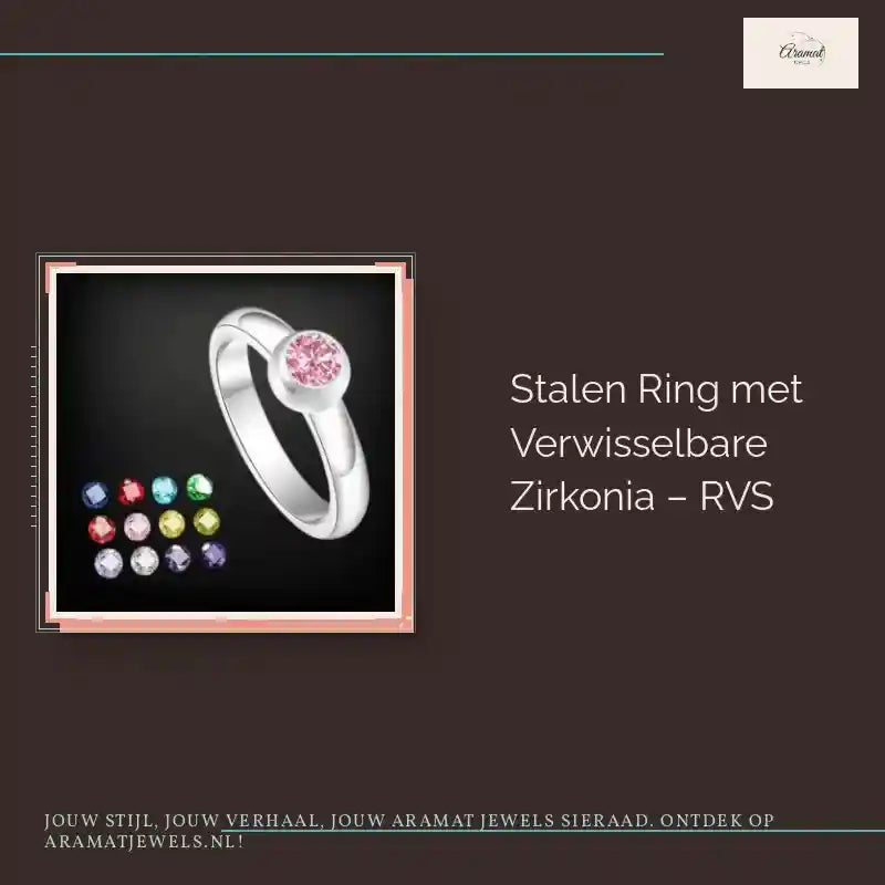 Stalen Ring met Verwisselbare Zirkonia &ndash; RVS by@Outfy