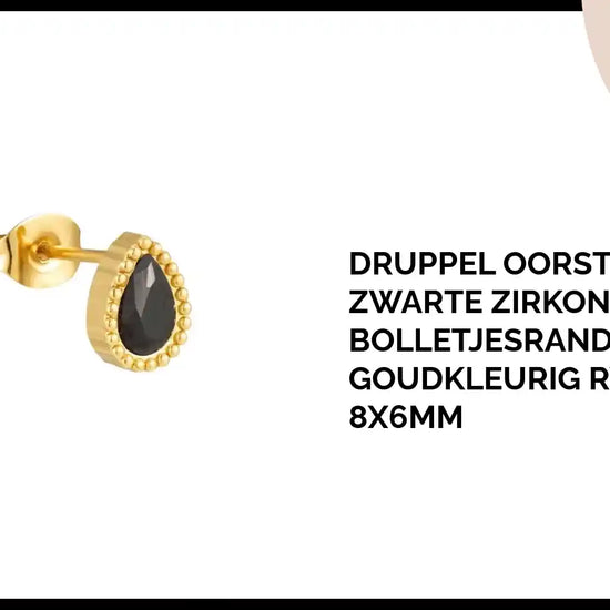 Druppel Oorstekers Zwarte Zirkonia Bolletjesrand Goudkleurig RVS &ndash; 8x6mm by@Outfy
