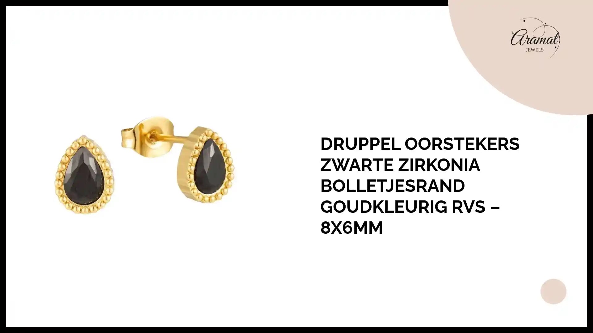 Druppel Oorstekers Zwarte Zirkonia Bolletjesrand Goudkleurig RVS &ndash; 8x6mm by@Outfy