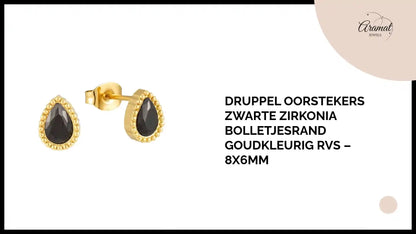 Druppel Oorstekers Zwarte Zirkonia Bolletjesrand Goudkleurig RVS &ndash; 8x6mm by@Outfy