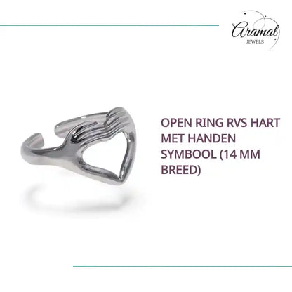 Open Ring RVS Hart met Handen Symbool (14 mm Breed) by@Outfy
