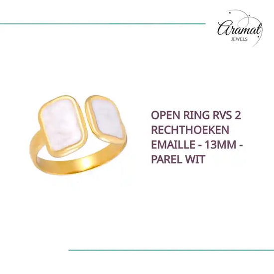 Open Ring RVS 2 Rechthoeken Emaille - 13mm - Parel Wit by@Outfy