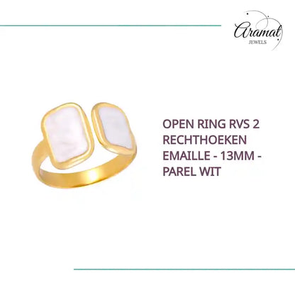 Open Ring RVS 2 Rechthoeken Emaille - 13mm - Parel Wit by@Outfy