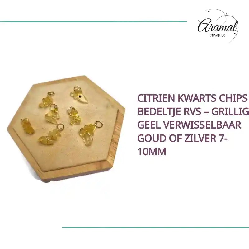 Citrien Kwarts Chips Bedeltje RVS &ndash; Grillig Geel Verwisselbaar Goud of Zilver 7-10mm by@Outfy