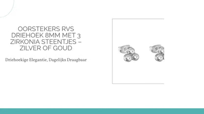 Oorstekers RVS Driehoek 8mm met 3 Zirkonia Steentjes &ndash; Zilver of Goud by@Outfy