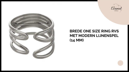 Brede One Size Ring RVS met Modern Lijnenspel (14 mm) by@Outfy